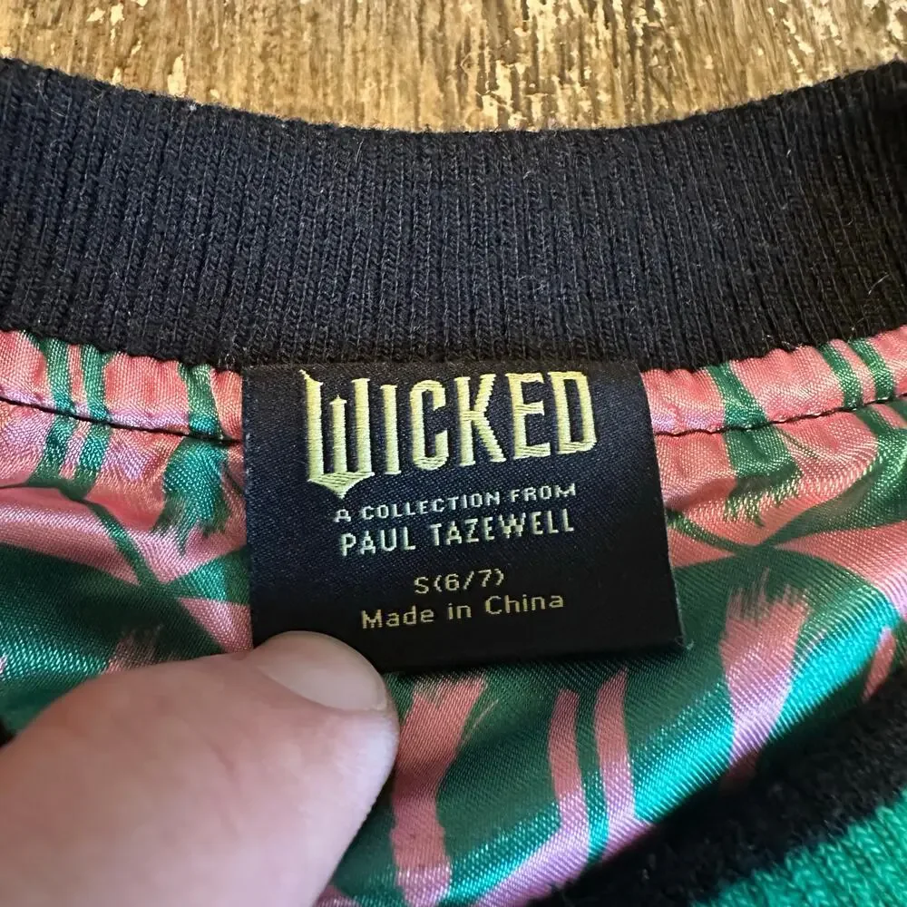 Wicked Paul Tazewell Varsity Bomber Jacket Black Green Pink Girls Size S (6/7)